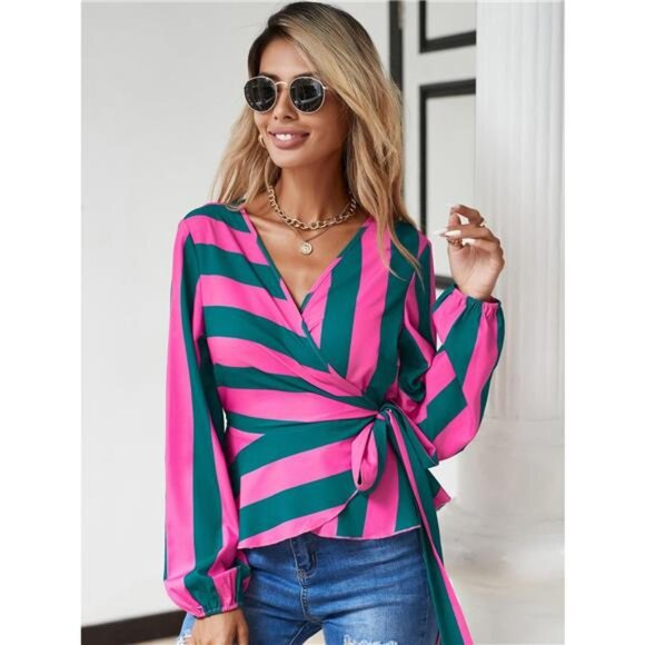 Striped Wrap Blouse with Tie Detail - Picture 7 of 8